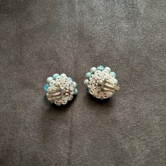 Vintage Clip-On Earrings W/ Blue & Green Beaded Cluster Design - Picture 2 of 4